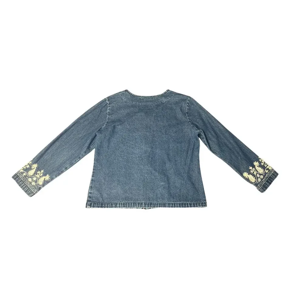 Hannah Boho Floral Embroidered Sequin‎ Zip Up Lightweight Denim Jacket SZ LG
